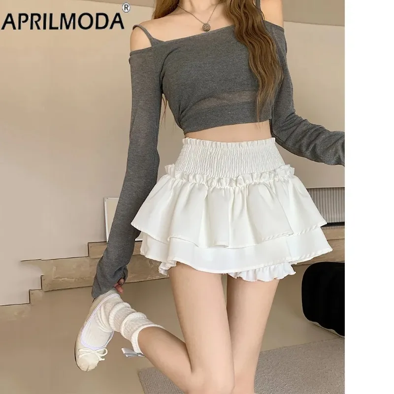 

Women's Black White Elastic High Waist Cake Skirt Pure Desire Hotsweet Ruffle Edge Built in Shorts American Fashion Wholesale