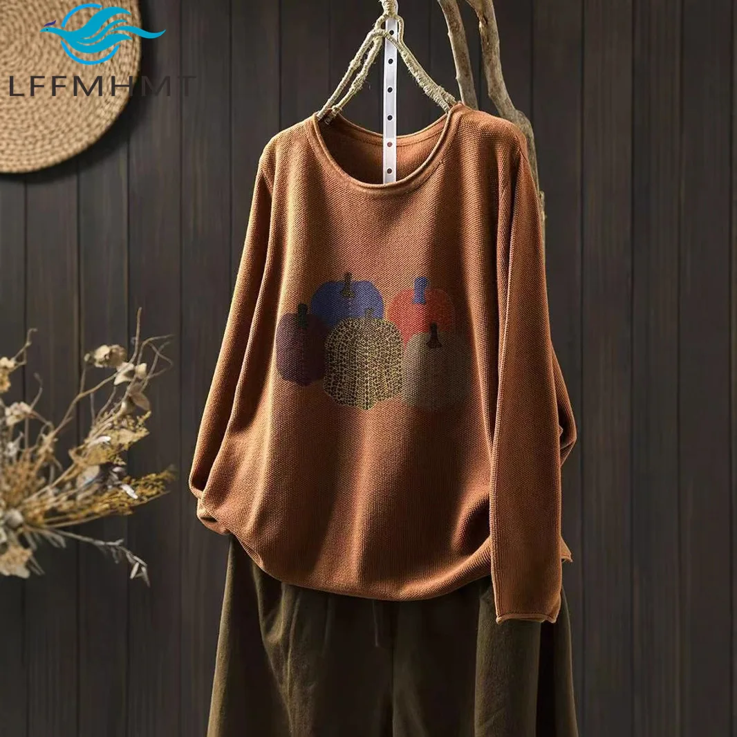 

Winter Fall Fashion Women's Good Quality Casual Sweater Cotton Yarn O-neck Long Sleeve Vintage Printing Pullover Knitting Tops