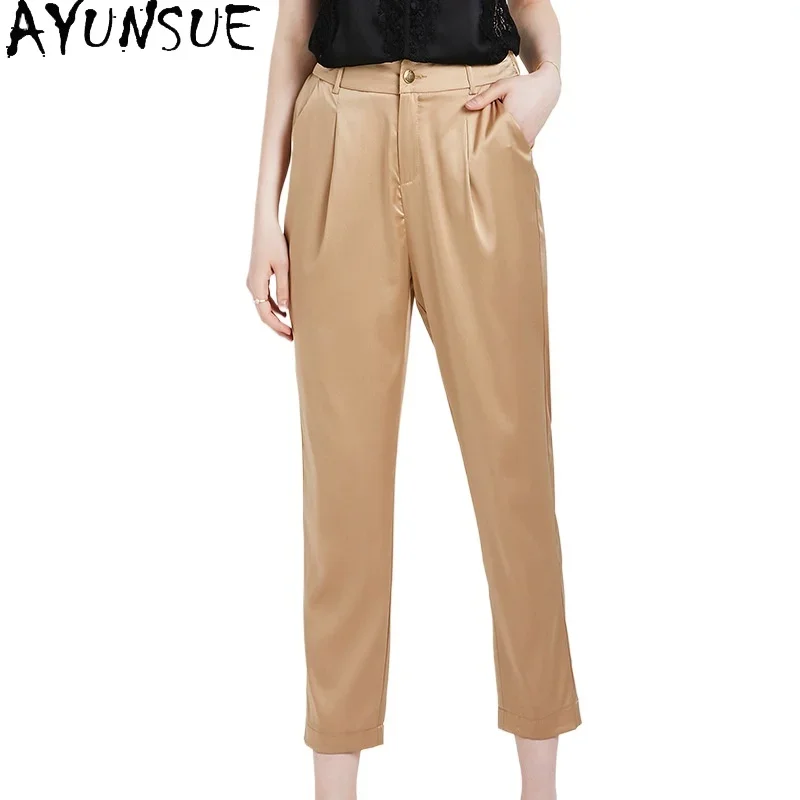 AYUNSUE 95% Mulberry Silk Pants for Women Korean Fashion Trousers Womens Office Wear Harem Pants Summer 2024 Womans Clothing 바지