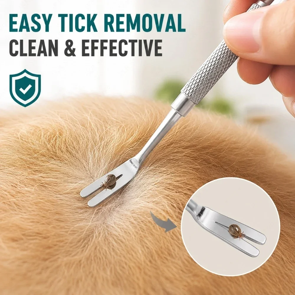 Non-Toxic Dog Tick Remover Tool with Fine-Tipped Stainless Steel Fork for Gentle Extraction Without Skin Damage, for Daily Use