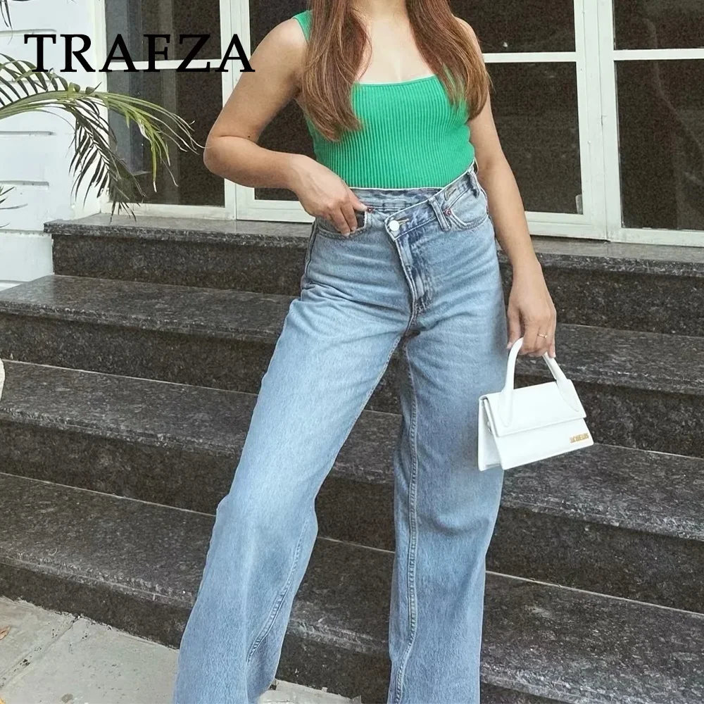 TRAFZA 2024 Autumn Winter Casual Women Jeans Fashion Streetwear Vintage Pockets Tierred High Waist Chic Ladies Long Denim Pants