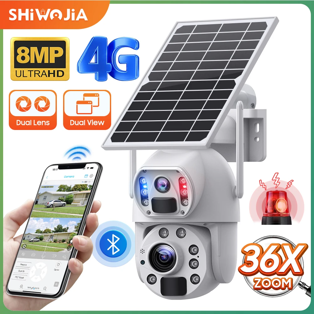 

Shiвоенia 36X ZOOM 8MP Солнечная камера 4G SIM 360 ° WIFI солнечная батарея камера ночного видения с двумя объективами уличная камера PIR