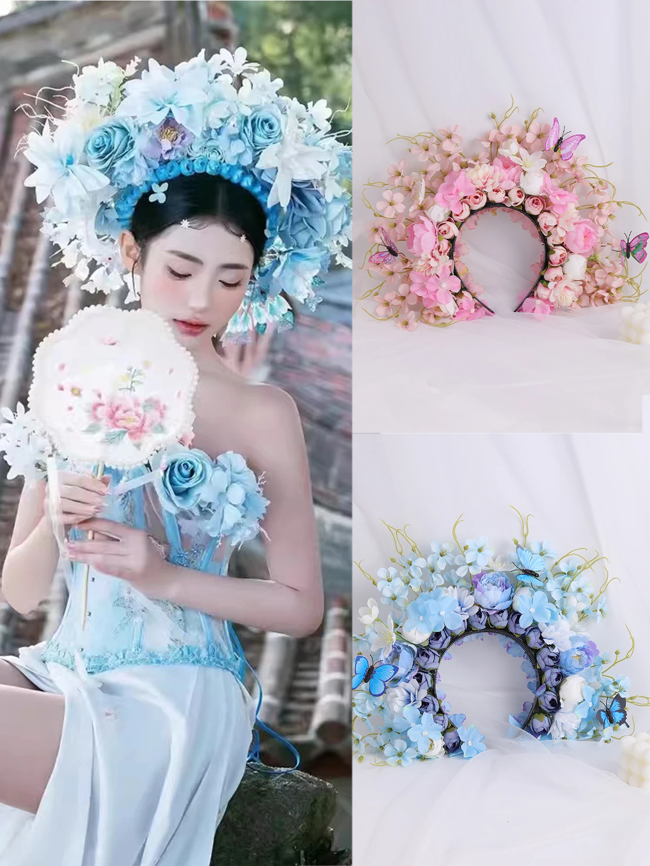 Handmade headwear Double-sided silk flower headband Daily Hanfu accessories High appearance level multi-color hair flower stereo