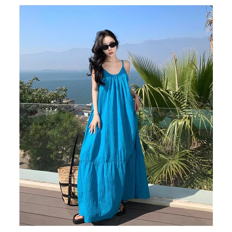 

Folds Boho Holiday Style Sling Robes for Women 2023 Solid Vacation Summer Casual Ladies Sundress Simple Loose Long Clothes New