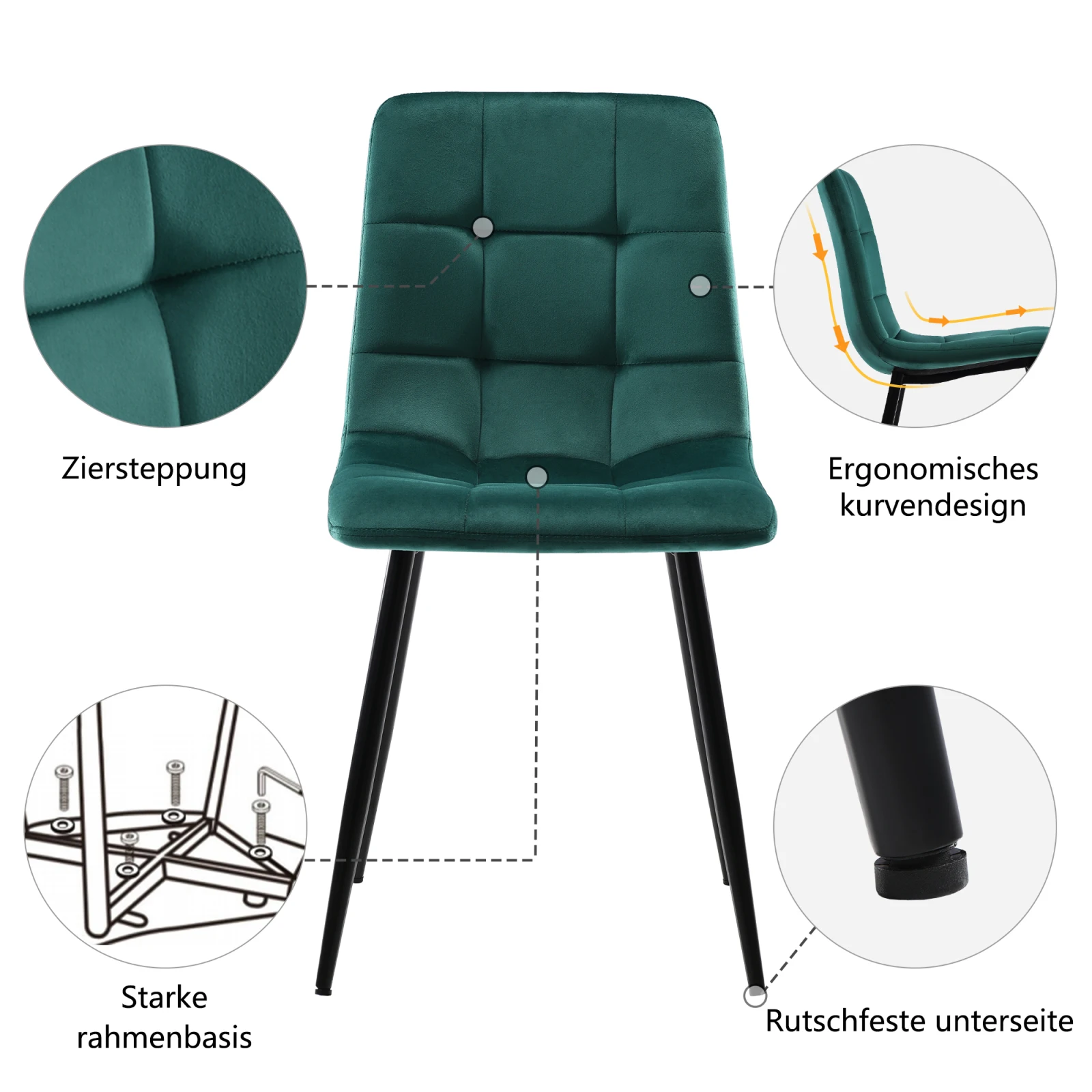 Rosahqnda Esszimmerstühle, Set of 4, gepolsterte Designer-Stühle mit Rückenlehne, Sitzfläche aus Velvet/Linen und Metallgestell – Detail 17