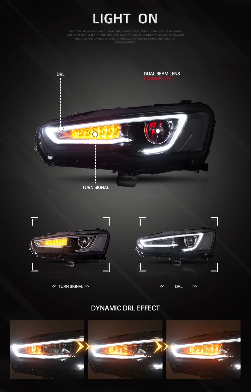 VLAND Headlight Assembly FOR MITSUBISHI LANCER 2008-2017 LED Headlights LED Running Light