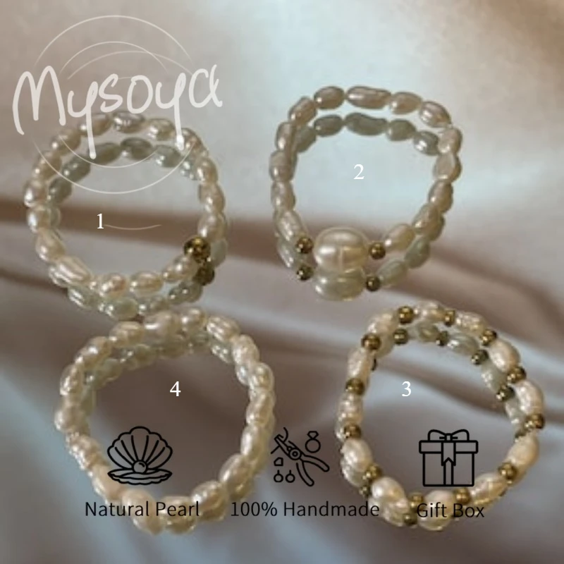 

MYSOYA White Rice-shaped Freshwater Pearl Ring 3-4mm Oval Rice Beads With Gift Box For Her/Him Birthday/Wedding/Christmas Gift