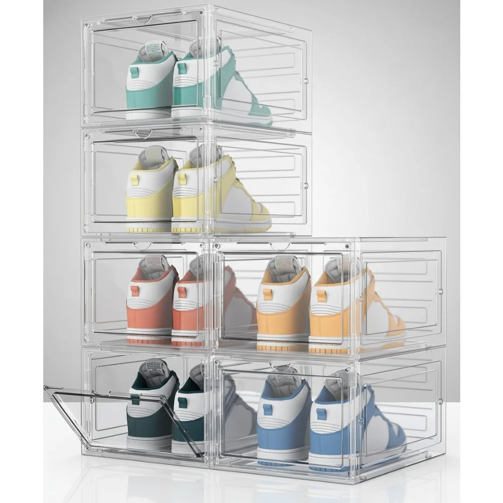 

6 Pack Clear Plastic Shoe Storage Boxes with Lids, Stackable Organizer for Size 13 Shoes, Transparent Display Case