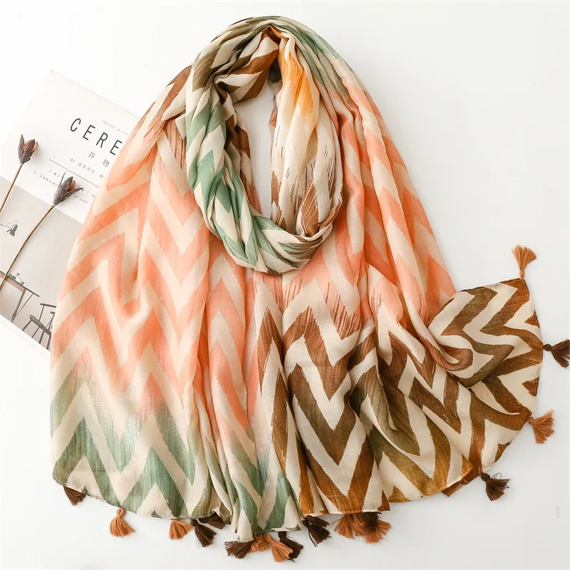 2024 Fashion Ombre Wave Striped Line Tassel Viscose Shawls Scarf High Quality Wrap Pashmina Stole Bufandas Muslim Hijab 180*90Cm