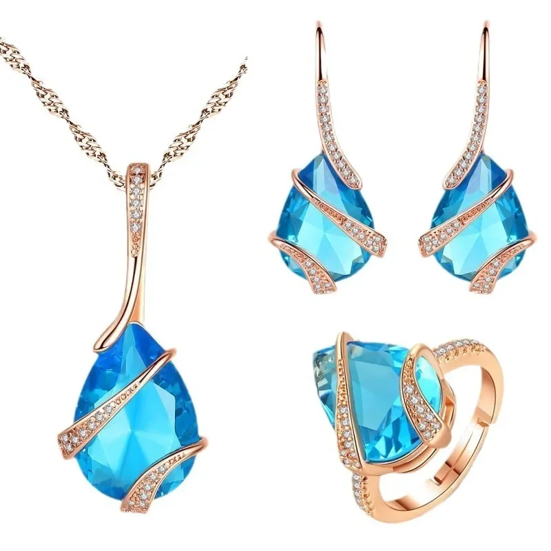 

2024 Summer Bride Wedding Three-piece Colorful Gemstone Set Ring Women Necklace Earrings Combination Personality Goddess Jewelry