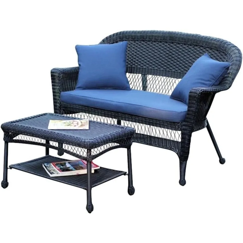 Patio Love Seat and Coffee Table Set with Blue Cushion, Black