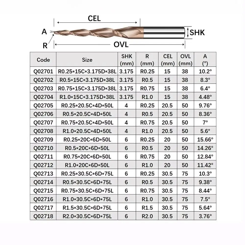 CNC 3D Carving Bits Solid Carbide Tapered Ball Nose End Mill Tapered Ball Nose Spiral Engraving Router Bits CNC Carving Bit