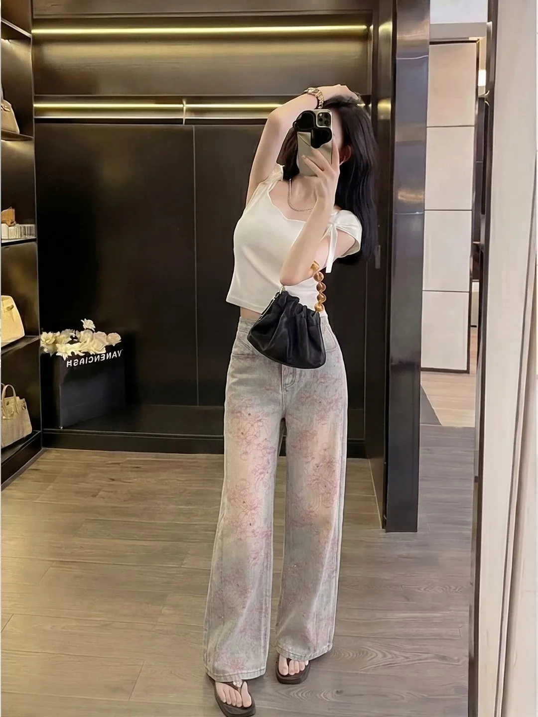 

Summer 2026 High Waist Wide Leg Straight Cut Heavy Embellished Rhinestone Sakura Print Casual Denim Pants Floor-Length Trousers