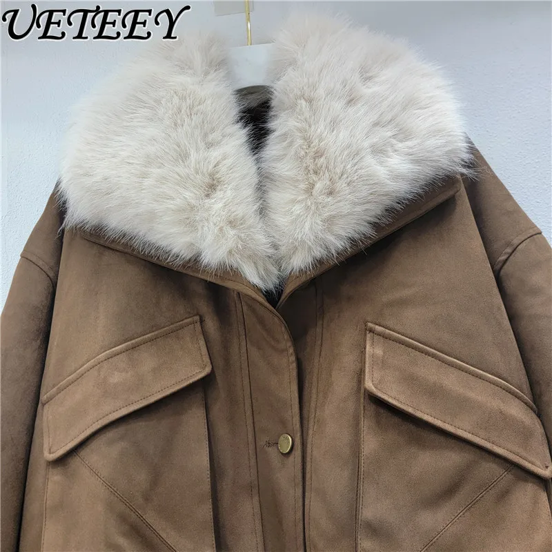 

Plush Large Lapel Thickened Coat for Women Autumn and Winter New Korean Retro Faux Suede Versatile Long Sleeve Cotton Jacket