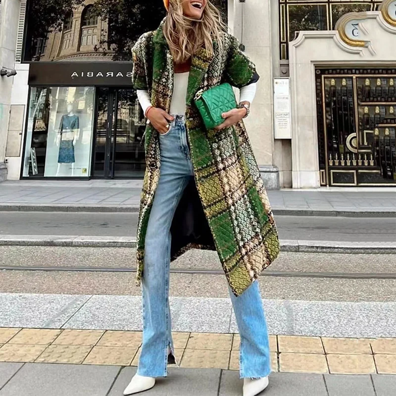 Cárdigan largo con estampado a cuadros para mujer, chaqueta informal de manga larga, holgada, con botones y solapa, a la moda, para otoño e invierno, 2022