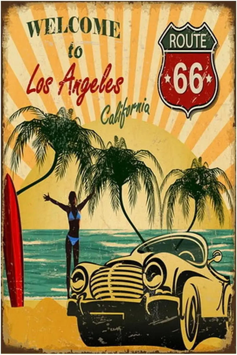 Ретро жестяной знак винтажный пляжный металлический плакат, Los Angeles California Route 66, Настенный декор, милые украшения, подарки для дома, бара F