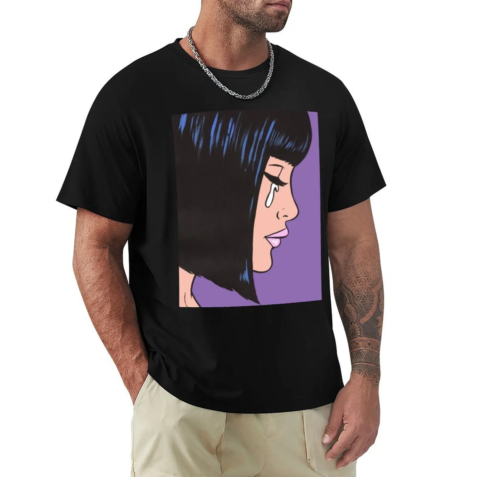 Black Bob Crying Comic Girl T-Shirt Minimalist Plain Crew Neck T-Shirt