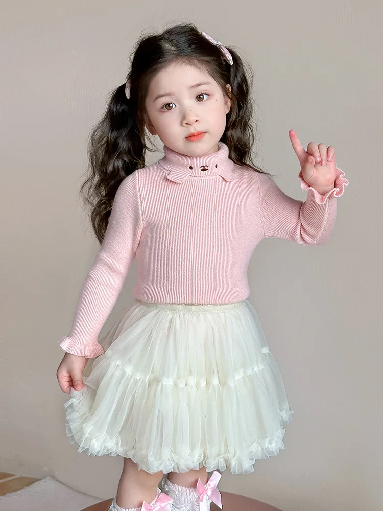 

Girls' Turtleneck Knitted Base Shirt Autumn Winter New Fashionable Children's Warm Sweater Base Layer Top