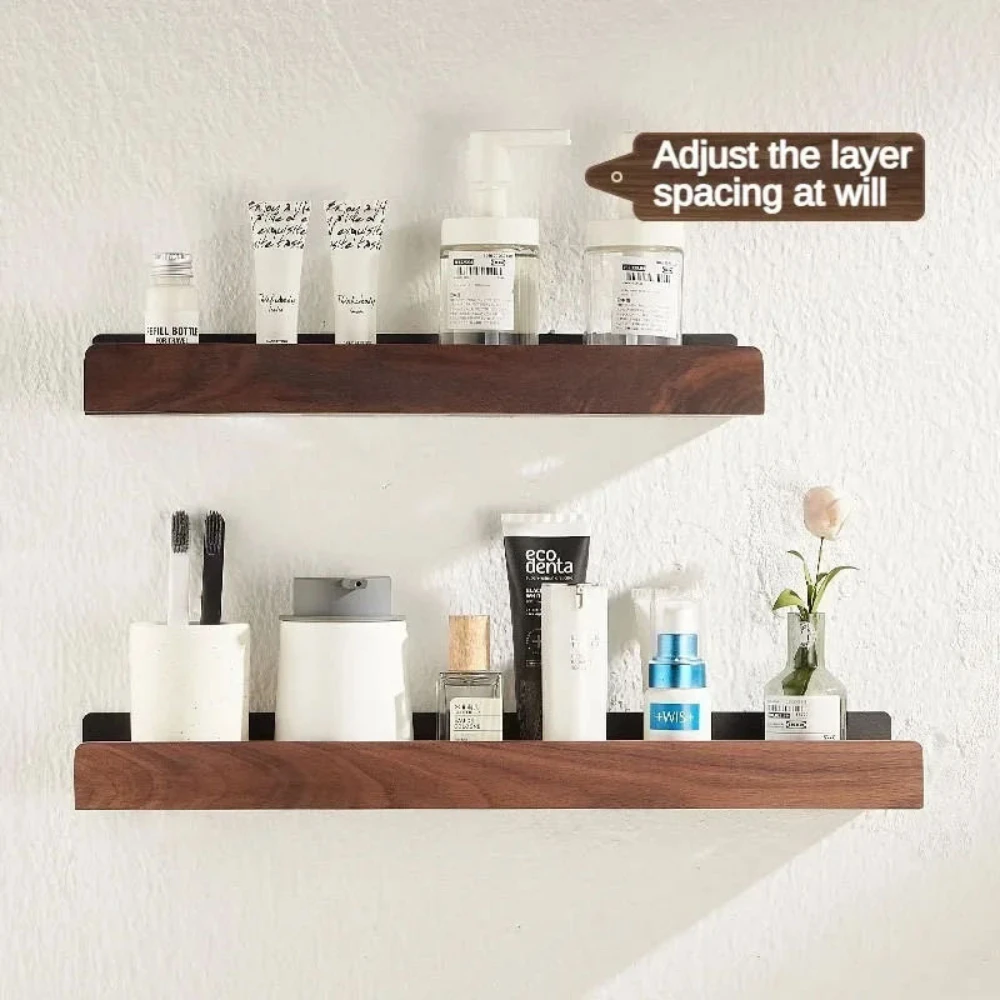 Solid Wood Wall-Mounted Bathroom Shelf, No Punch Storage Rack, Punch-Free Wooden Shelf, Shower Organizer, Toilet