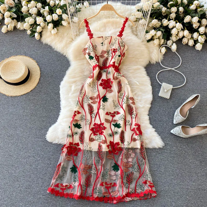 

High-Quality Women's Heavy Embroidery Perspective Dresses Mesh Fairy Gentle Dress Women's Suspender Dress