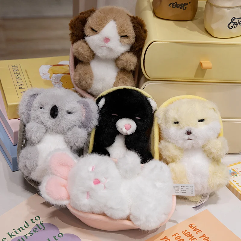 Animal en peluche endormi dans un panier pour bébé, jouet en peluche moelleux, chiot, chien, koala gris, couffin, chat noir, beurre doux dans un berceau