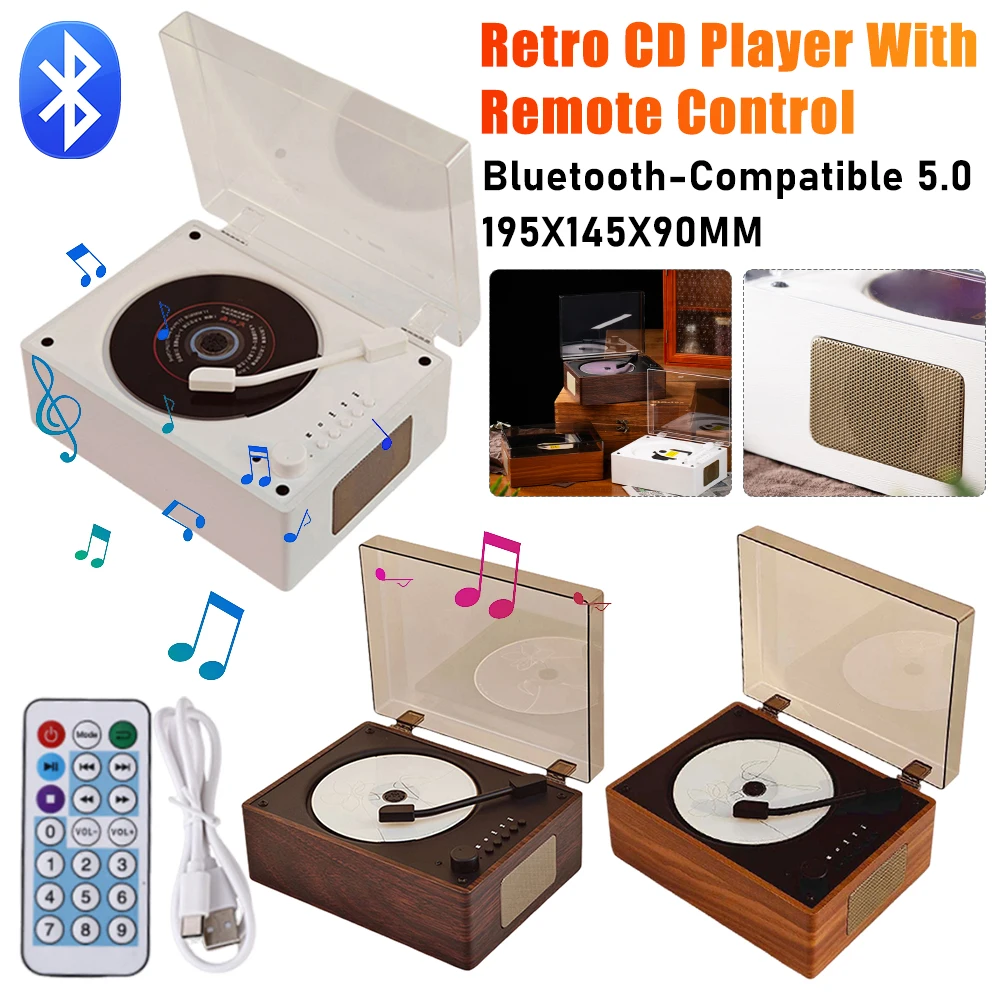 

Retro CD Player Vintage 5.0 Bluetooth Wireless Speaker Remote Control Home Desktop CD Player Support CD USB 3.5mm AUX For Phone