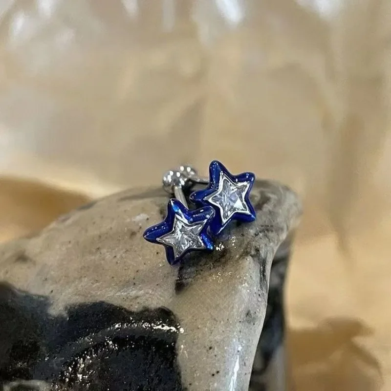 Blue Crystal Star Stud Earrings for Women Girl 2PCS Cool Sweet Aesthetic Pentagram Mini Earrings Fashion Y2k Trendy Jewelry Gift