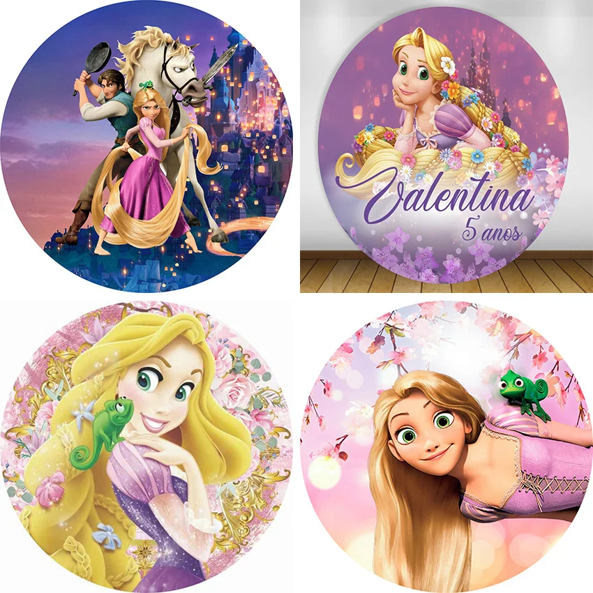 

Tangled Rapunzel Princess Circle Backdrop Fairy Tale Castle Long Hair Girl Birthday Party Round Background Photo Studio Covers