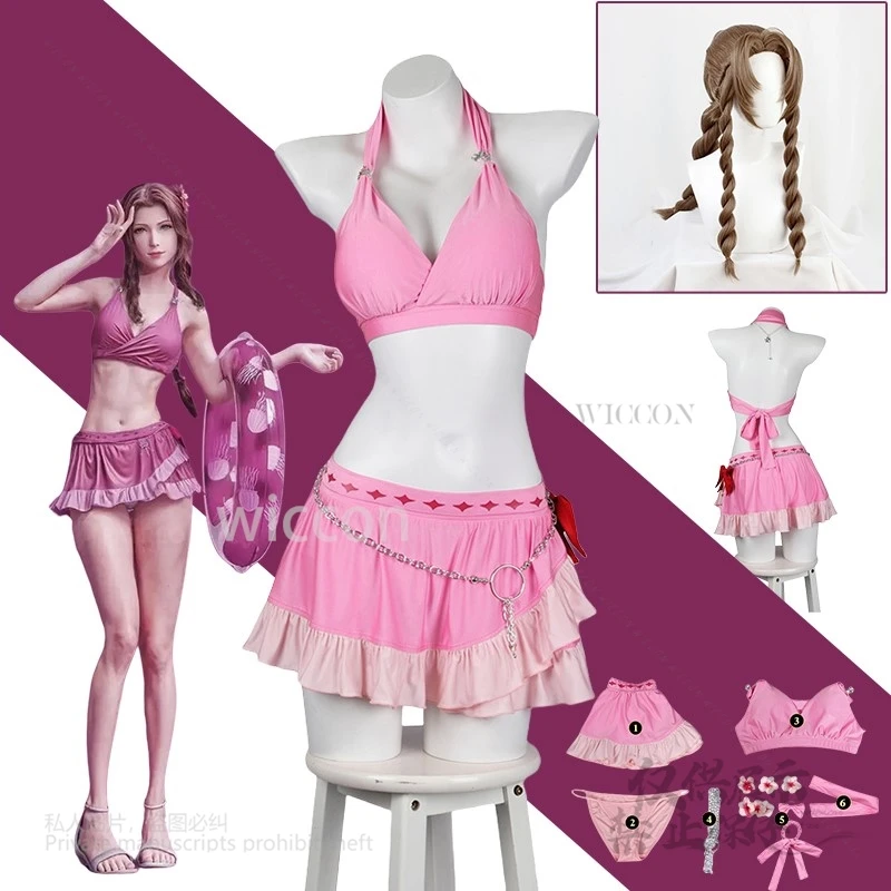 Игра Final Косплей Фэнтези VII Аэрит Гейнсборо Летний сексуальный купальник Бикини Костюм Женский парик Хэллоуин Вечерние наряды Роль