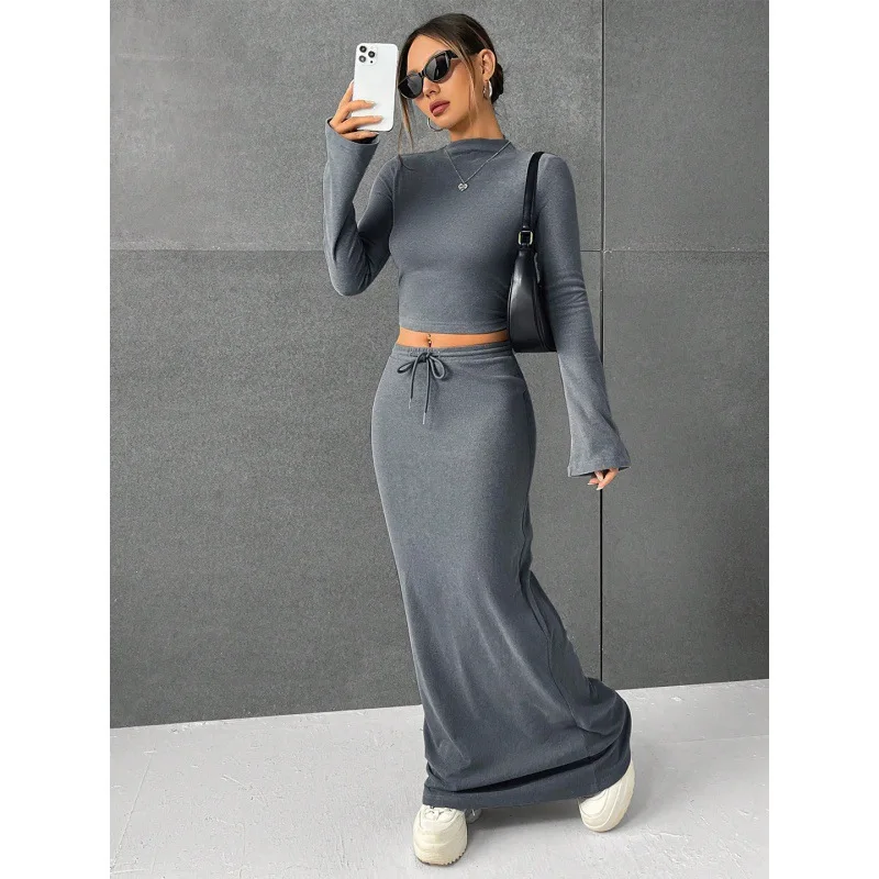 2024 Ebay European and American Foreign Trade Women\'s Solid Color Long Pants Long Sleeve Two Piece Set