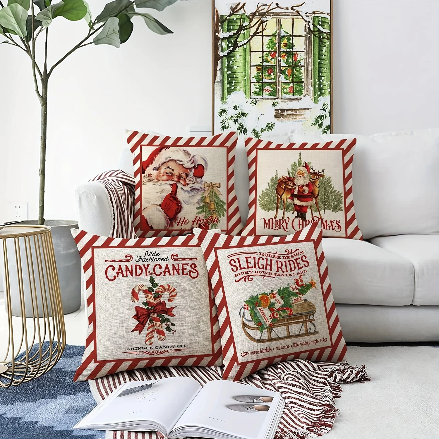 Christmas Red Vintage Linen Pillowcase, Santa Tree Candy Cane Sleigh Reindeer Pattern Throw Pillow Cover, Rustic Holiday Decor