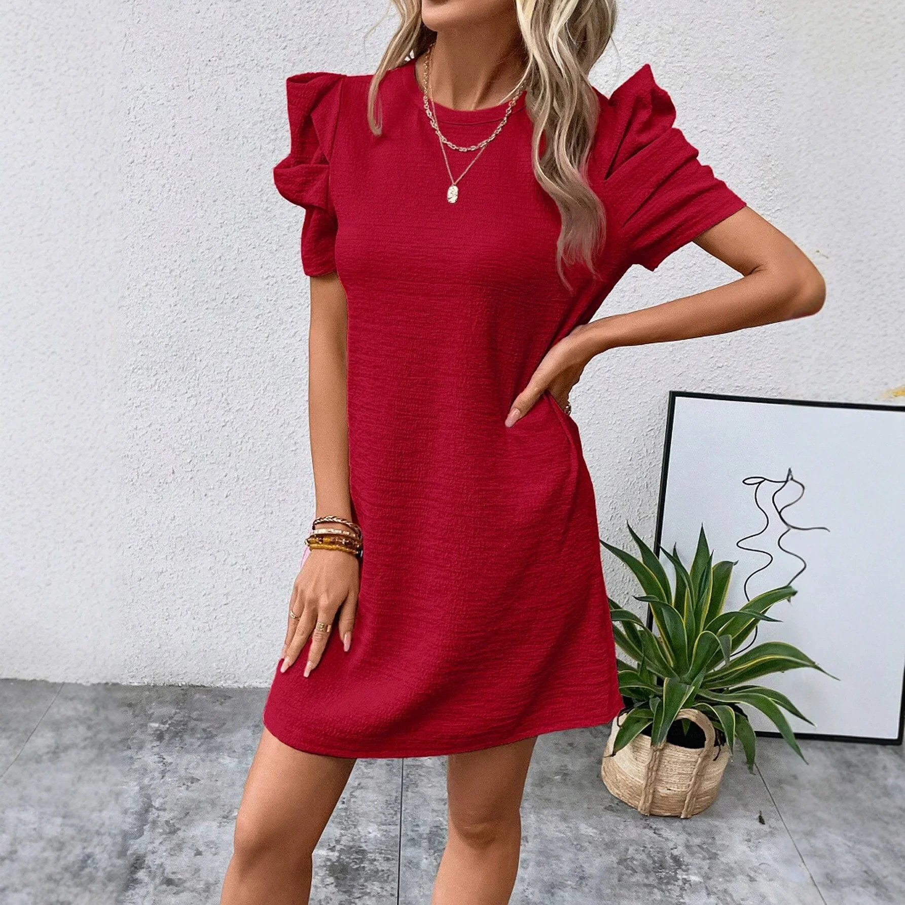 فساتين الربيع الصيف أزياء لائق Ruched بلون فانوس كم طاقم الرقبة البسيطة تي شيرت فساتين يومية للنساء #1