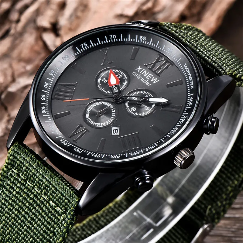 Men Original XINEW Brand Watches Black Students Fashion Nylon Band Sports Gifts Date Quartz Watch Relogio Masculino Reloj Hombre