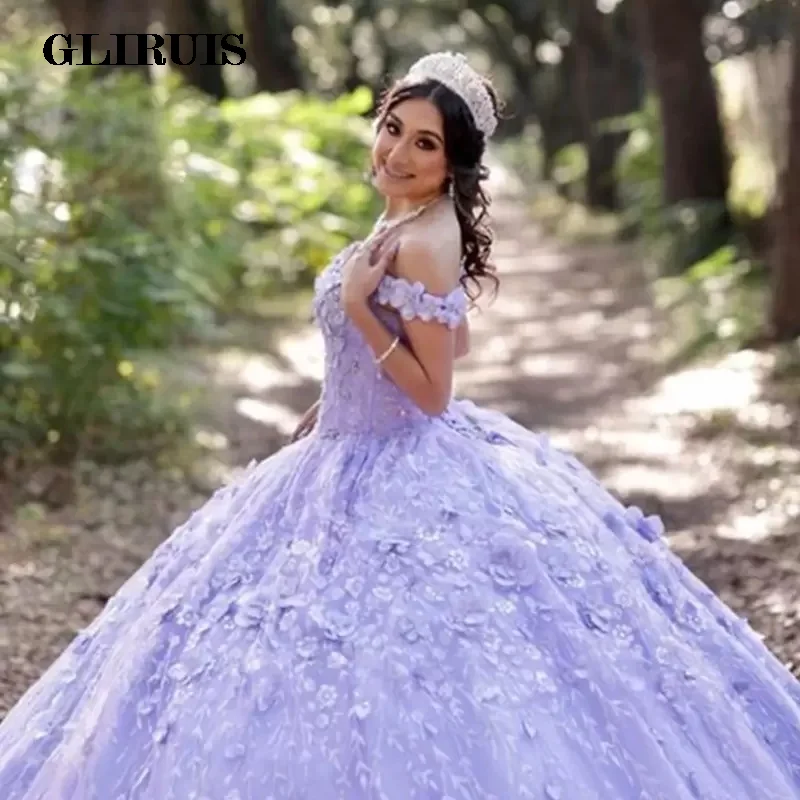 Vestido de quinceañera amarillo lavanda, Apliques de encaje, hombros descubiertos, con cordones, para baile de graduación, 16