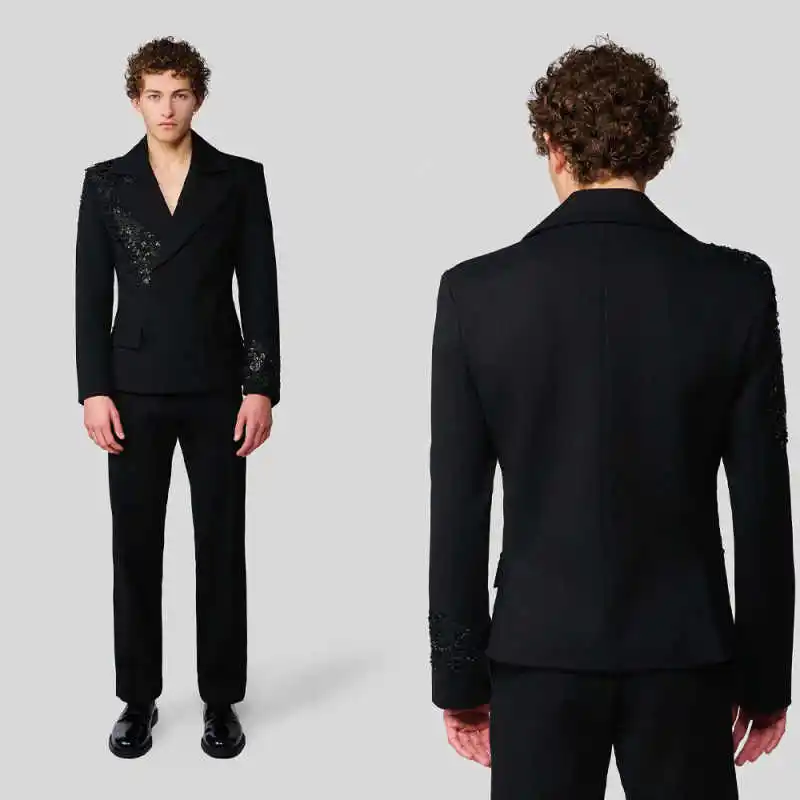 

Fashion Beading Suits For Men Notched Lapel Double Breasted Pants Blazers Sequins Business Party Customized Wear