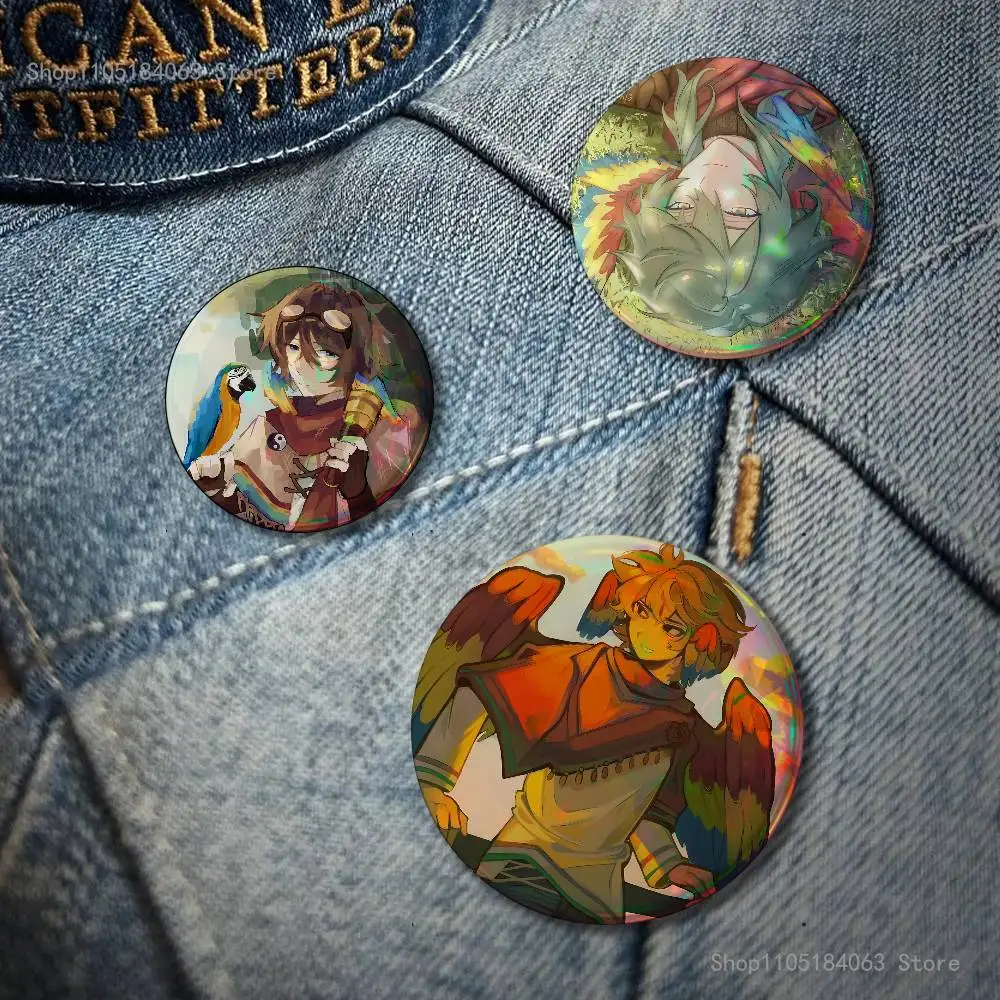 P-Parrotx2 Reflective Pin Tinplate Round Brooch Cartoon Cosplay Badges for Bag Hat Toys Gifts
