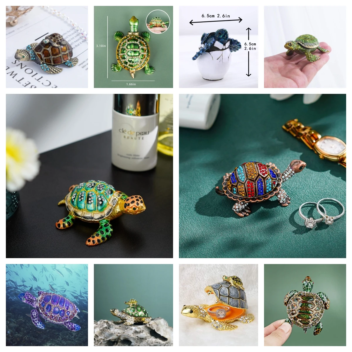 H&D 11 Style Turtle Trinket Jewelry Box Hinged Rhinestones Jeweled Painted Enameled Sea Turtle Animal Figurines Collectible