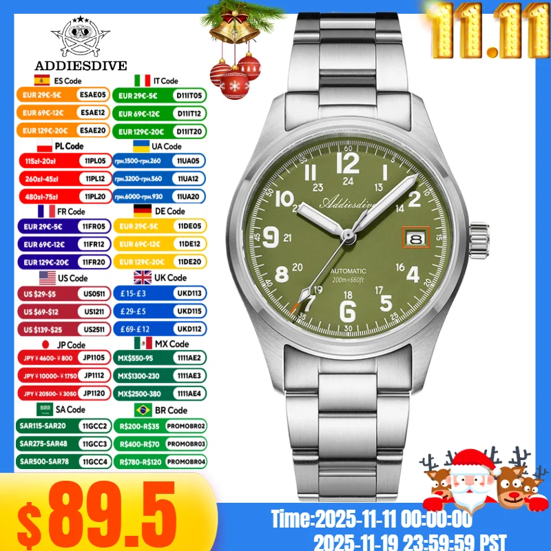 

ADDIESDIVE 39mm Watch For Men Calendar Sapphire Crystal 20Bar Diving BGW9 Luminous NH35A Vintage Automatic Mechanical Watches