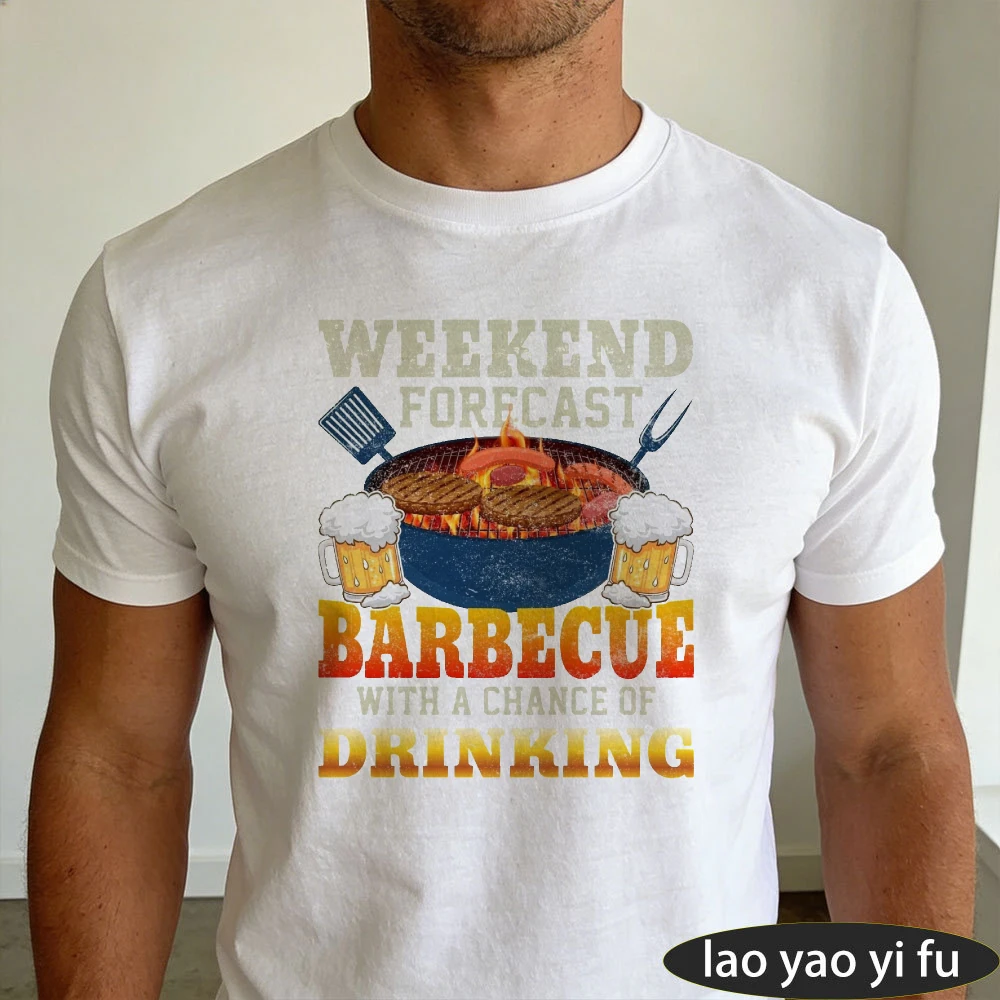 Weekend Forecast Barbecue Beer Grill Vintage Graphic Men Summer Cotton T Shirt Outdoor Cookout Retro Short Sleeve Apparel
