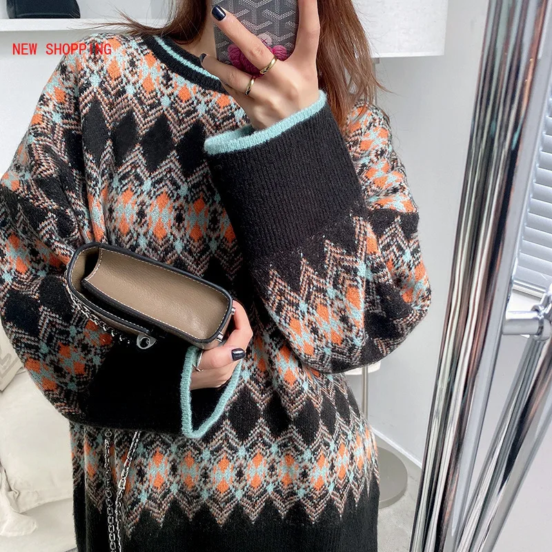 

Women Geometric Vintage Pullover Knit Sweater O-neck Autumn Winter Loose Pull Jumpers Korean Knitwear Casual Sweaters New Femme