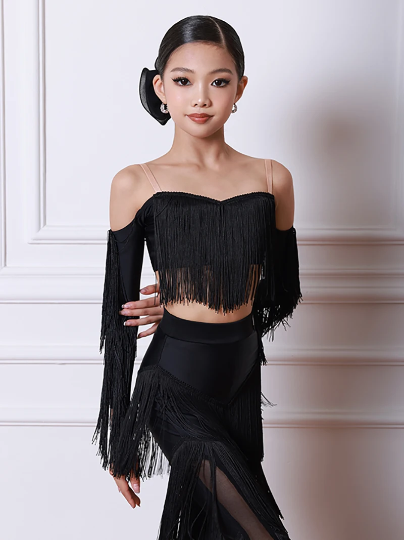 Costume da ballo latino per adulti da donna per bambini e ragazze, completo da pratica, top e pantaloni da ballo con nappe, set di abbigliamento da ballo standard nazionale