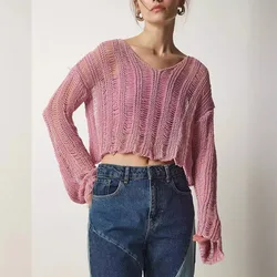 Women's 2024 Summer V-neck Hollow Fashion Comfortable Knitted Flare Sleeve Top Solid Color Loose Casual Open Navel Short Sweater