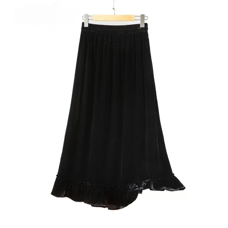 女性のファッション春/秋の新しいエレガントな多用途ブラック 30% 天然桑シルクベルベットデザイン弾性ウエスト A ラインスカート
