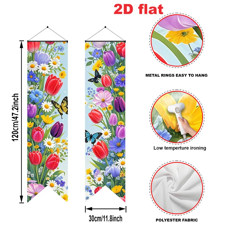 VIKAMA Spring Flower Porch Banner with Tulip and Butterfly Print 2D Flat Decorative Panel for Easter Spring Party Decoration