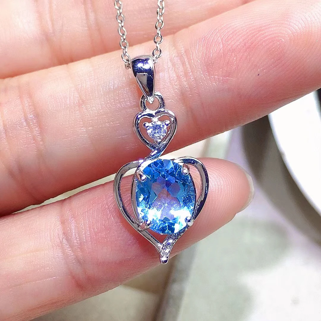 

VVS Grade Light Blue Topaz Necklace Pendant 7mm*9mm VVS Grade Natural Topaz Pendant 925 Silver Topaz Jewelry