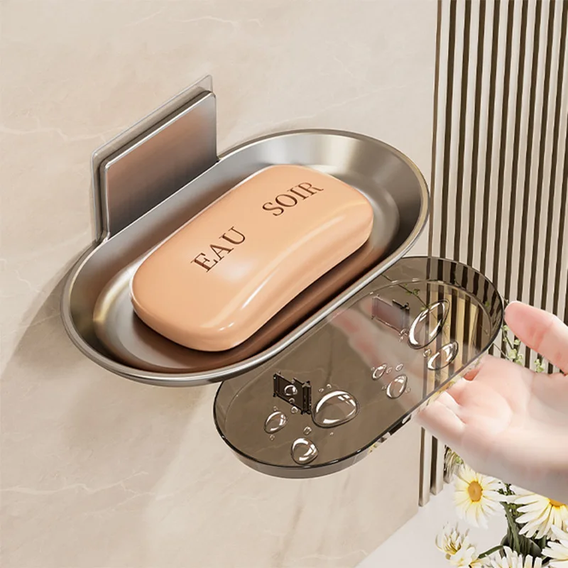 Self Adhesive Space Aluminum Soap Dish Tray Washable Wall Mounted Soap Holder Hanger Bowl Detachable Soap Container Storage Rack