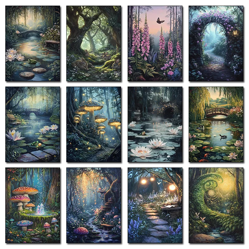 Healing Forest Forest Dark Academia Mossy Skull Water Lilies Twilight Mirror Pond Posters Canvas Paintings Wall Pictures Decor