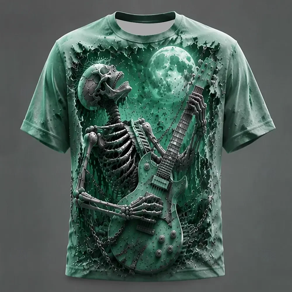Fashion Men's Punk Skeleton Electric Guitar 3D Full Print T‑Shirt Heavy Metal Rock Music Crew Neck Short Sleeve Streetwear Tee