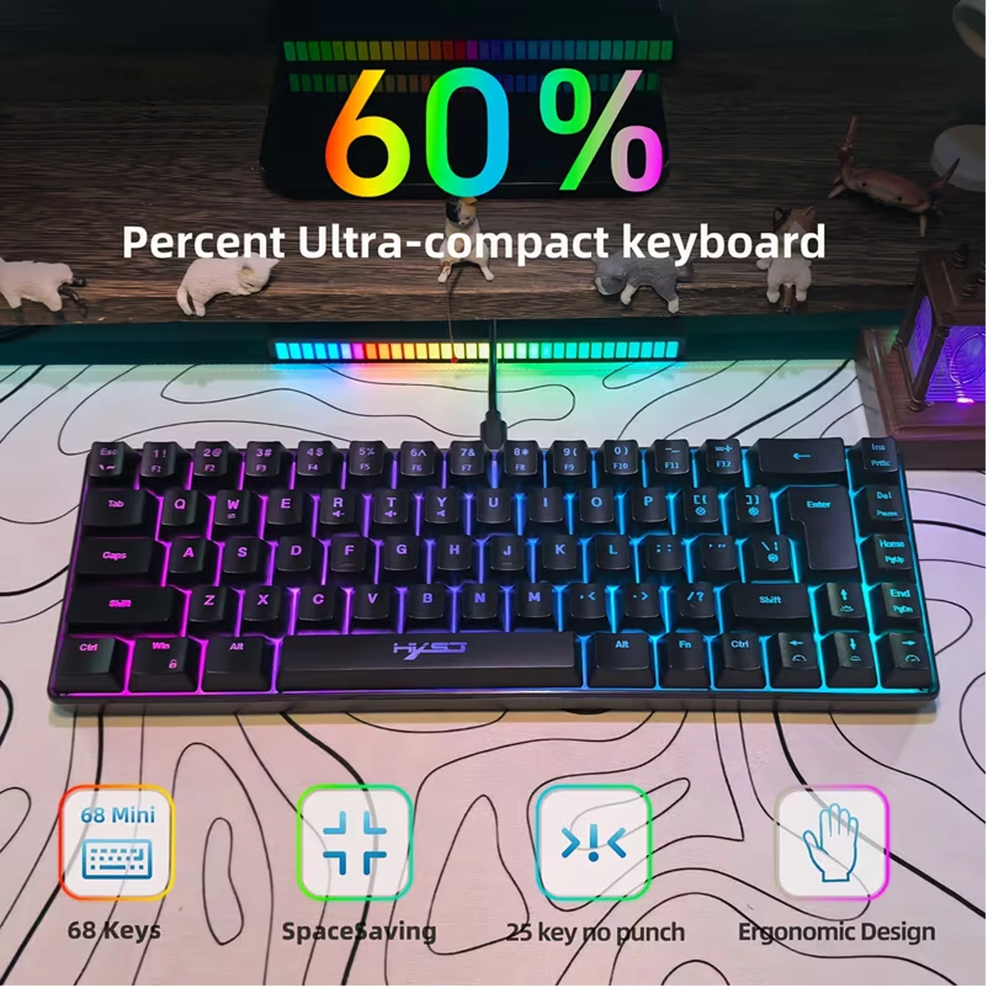 60% Gaming Keyboard RGB Backlit Ultra Compact 68 Key Wired Anti-Ghosting Keyboard for Windows Laptops PC Gamer Essential