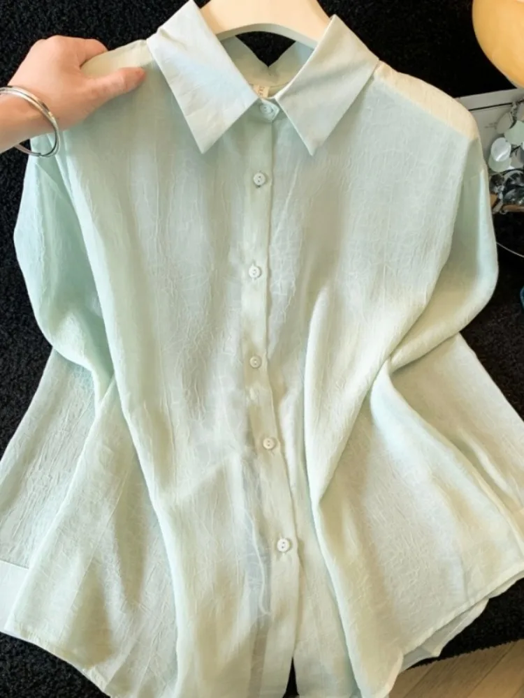 

Green Lyocell Linen Neck Long Sleeve Shirt Women Summer Thin Sun Protection Shirt Back Knot Tied Top